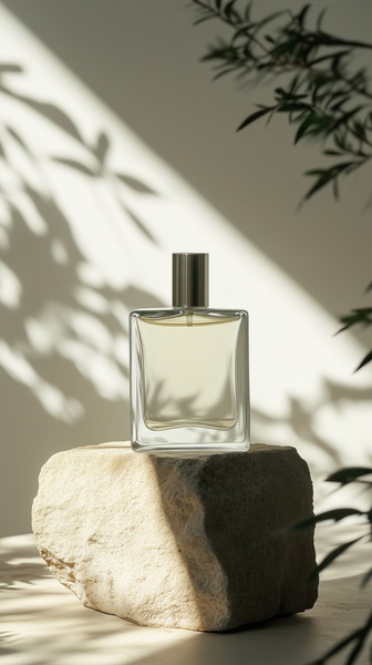 A glass perfume bottle rests on a raw stone pedestal, bathed in soft directional light and natural foliage shadows to create a high-end, organic aesthetic.