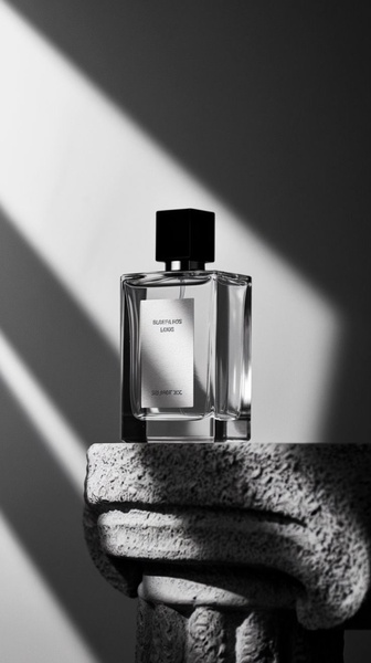 A sophisticated, high-contrast monochrome studio photograph of a glass perfume bottle resting on a stone pillar.