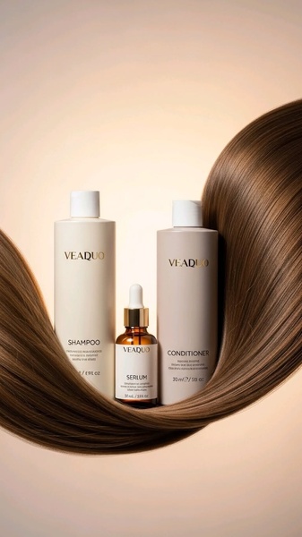 A high-end product hero shot featuring shampoo, serum, and conditioner bottles framed by a sweeping curve of healthy hair against a soft beige backdrop.