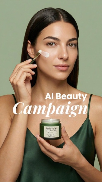A clean, minimalist product hero shot featuring a model applying a moisturizing cream with a gold applicator against a soft green background.