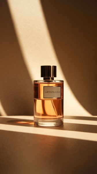 A high-end, aesthetic hero shot of a glass perfume bottle illuminated by soft, natural light with long, elegant shadows.