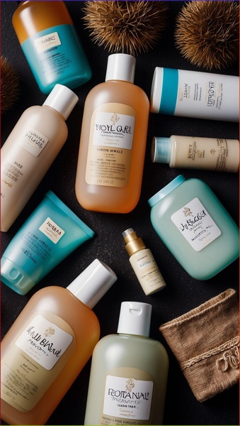 An organized, top-down product photography shot of various skincare bottles and containers arranged on a dark, textured background.