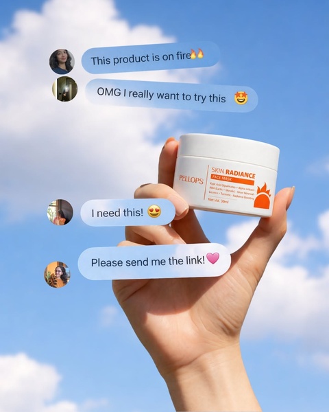 A 4:5 ratio ad showcasing a face mask held against a clear blue sky, overlaid with simulated social media chat bubbles showing enthusiastic customer feedback.