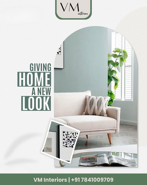 A clean, minimalist 4:5 vertical ad creative featuring a modern sofa arrangement framed by an elegant architectural arch to highlight interior transformation services.