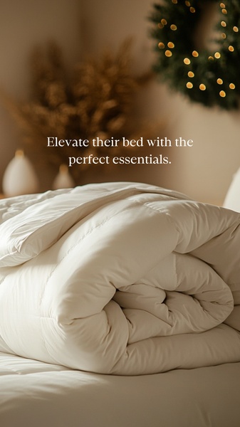 A top-down aesthetic shot of a folded cream-colored comforter on a bed, framed by a soft-lit seasonal wreath and neutral bedroom textures.