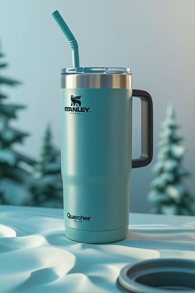 A high-contrast, minimalist shot of a teal insulated tumbler placed on a snowy table against a background of blurred winter trees.