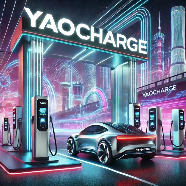 A high-concept, neon-lit rendering of an electric vehicle charging station in a futuristic cityscape, focusing on sleek product design and modern aesthetics.