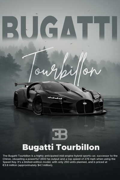 A high-end editorial image featuring a dark, moody forest background and low-angle shot of the Bugatti Tourbillon to establish premium brand authority.