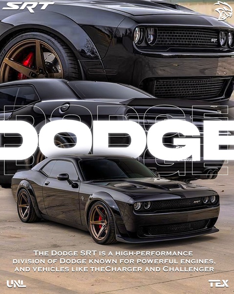 A high-performance vehicle ad featuring multiple angles of a black Dodge SRT against a clean industrial background with bold, centered typography.