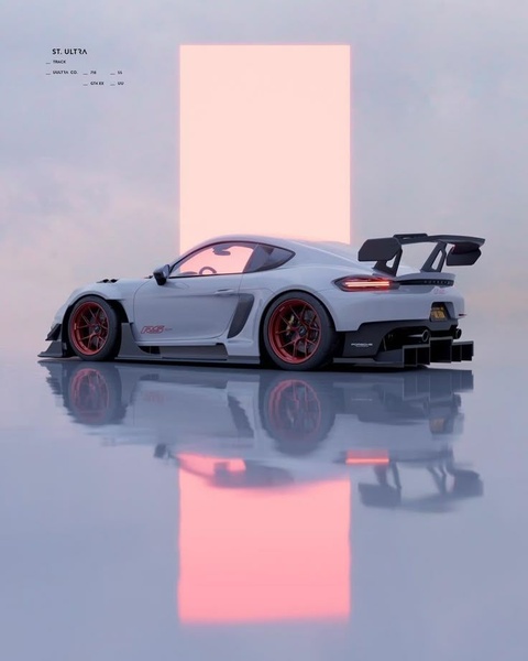 A high-end 3D render of a Porsche 718 featuring a minimalist neon-glow background and reflective surface.