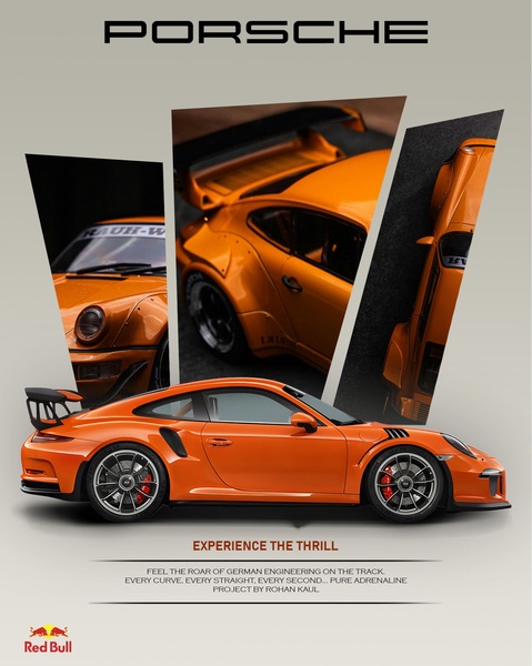 A high-end product display for a Porsche model car, utilizing a split-screen aesthetic to highlight different angles and the brand's performance identity.