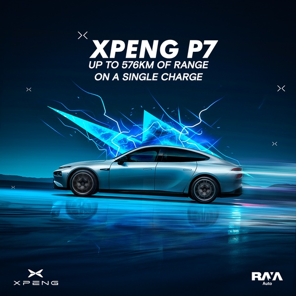 A sleek, side-profile shot of the XPENG P7 electric sedan featuring stylized electric blue lightning effects to emphasize high-range capabilities.