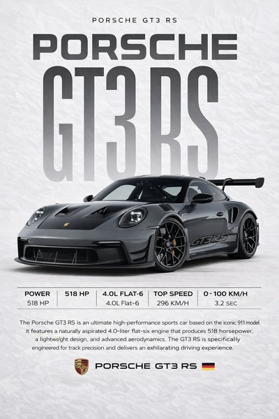 A clean, high-contrast product reveal displaying the key performance metrics of the Porsche GT3 RS against a neutral, textured background.