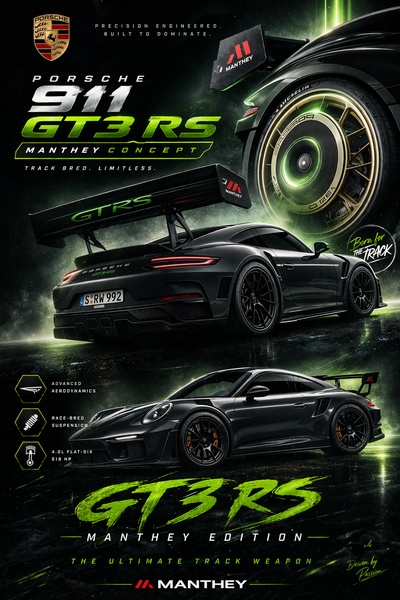 A high-impact, dark-themed vertical ad showcasing the Porsche 911 GT3 RS with technical highlight icons, bold green accents, and a focus on track performance.
