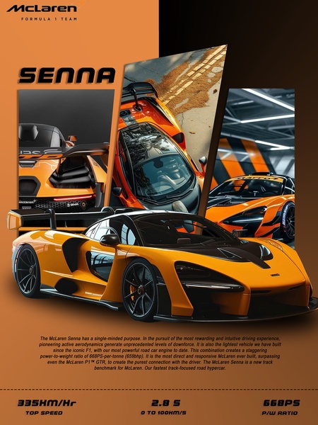 This creative showcases the McLaren Senna using a split-panel grid that displays the vehicle from multiple high-definition angles alongside key technical performance statistics.
