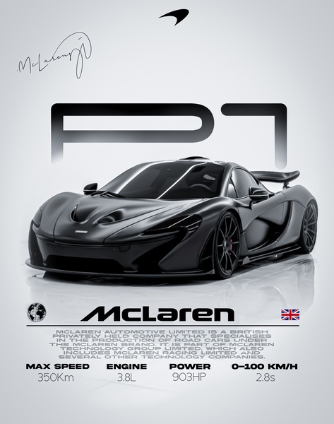 A high-contrast studio shot of a P1 hypercar featuring technical performance specifications and minimalist branding.