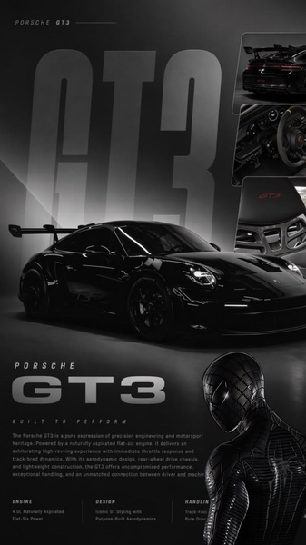 A high-contrast, black-and-grey aesthetic featuring the Porsche GT3 with a subtle superhero brand association, emphasizing aerodynamic design and racing heritage.
