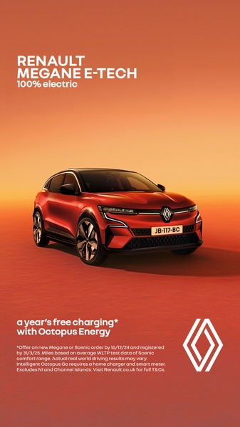 A vertical ad creative featuring a red electric car against a stylized, warm sunset gradient background, highlighting an energy-related offer.