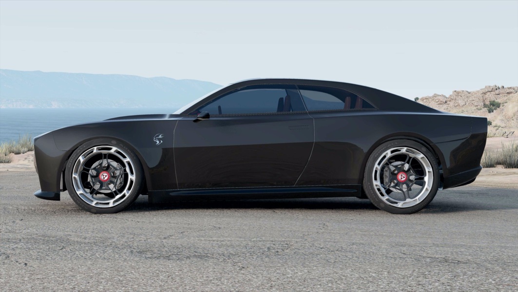 A high-fidelity, side-profile rendering of a modern black sedan against a stark, minimalist desert landscape.