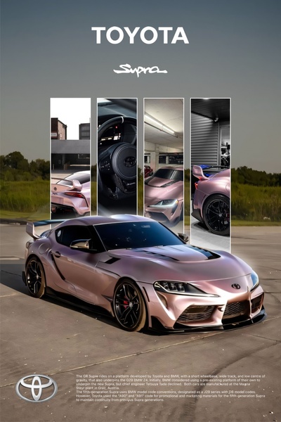 A high-fidelity composite image of a Toyota Supra displaying its exterior design, cockpit, and mechanical details in a vertical format.