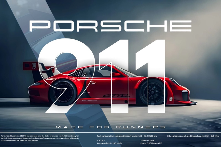 A high-contrast, professional-grade product shot of a red sports car featuring bold typography that highlights technical specifications.