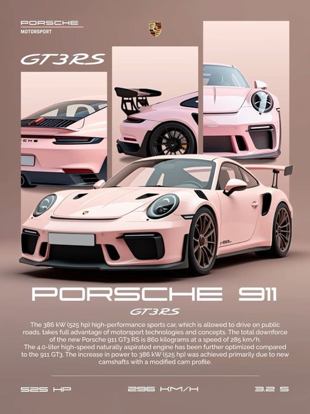 A high-performance luxury sports car ad featuring a clean grid layout of different vehicle angles paired with detailed technical specifications.