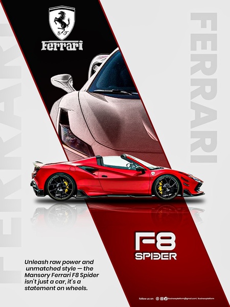 A high-end product showcase for a red luxury sports car featuring split-screen design and minimal, bold branding.