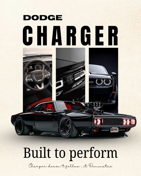 This ad creative utilizes a high-contrast collage and hero shot of a Dodge Charger to emphasize performance and automotive dominance.