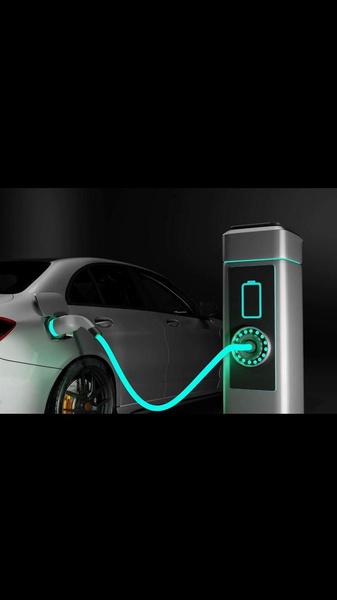 A high-contrast, professional studio shot of an electric car being charged, highlighting the neon blue connection line as a focal point.