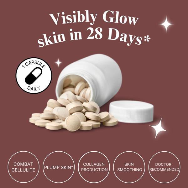 skin supplement, beauty supplement, collagen supplement, skin vitamins, beauty pills, skincare capsules, anti-aging supplement, product launch, social proof, minimalist, luxurious, trustworthy, brown, neutral