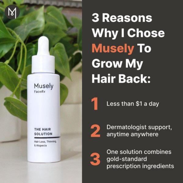 A square-format static ad highlighting three clear value propositions for a hair loss treatment solution with clean, minimalist branding.