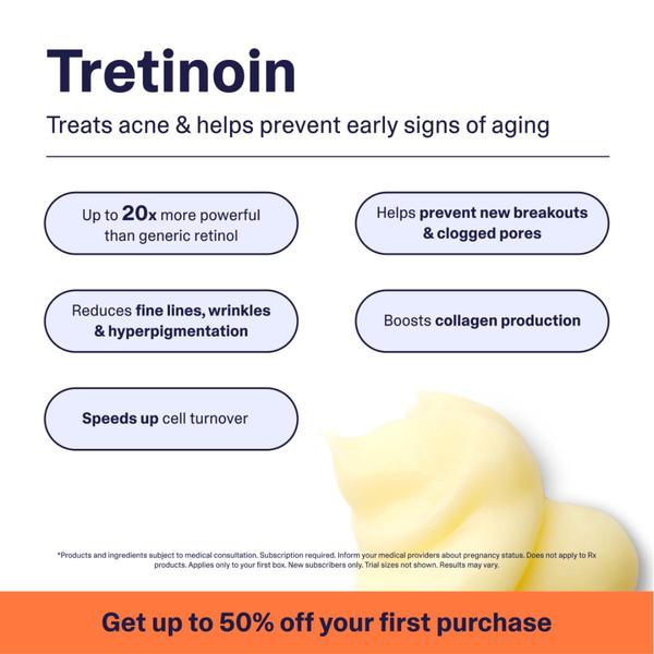 tretinoin, retinoid cream, acne treatment, anti aging cream, prescription skincare, retinol alternative, skin renewal cream, brand awareness, sale promotion, minimalist, trustworthy, fresh, neutral, orange