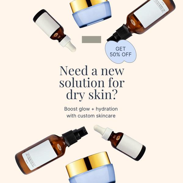 skincare, face serum, moisturizer, skin care, beauty products, facial treatment, hydrating cream, sale promotion, flat lay, calm, fresh, neutral, blue, gold