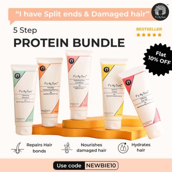 A clean, studio-lit display of a five-piece hair care collection showcasing benefits and a clear conversion incentive.