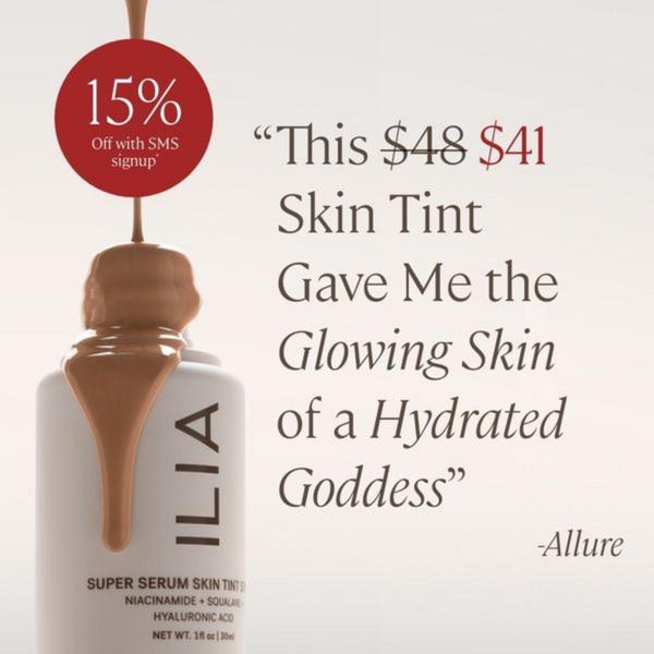 skin tint, tinted serum, face tint, liquid foundation, complexion product, makeup base, beauty serum, sale promotion, social proof, minimalist, luxurious, trustworthy, neutral, red, brown