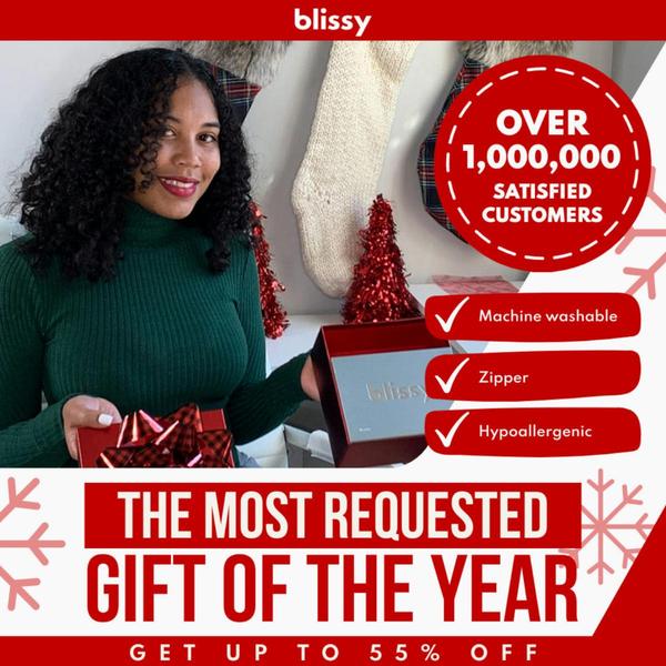 A festive, holiday-themed advertisement featuring a product showcase and a social proof claim centered on customer satisfaction.