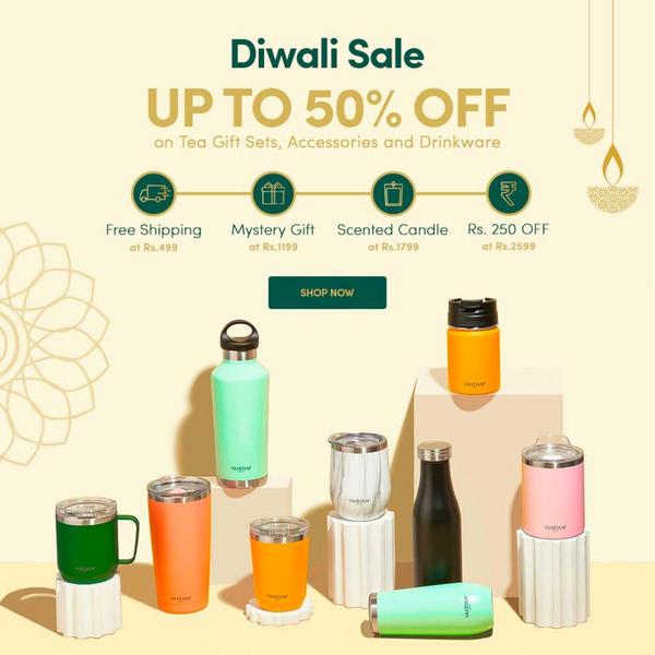 A festive, clean product arrangement showing various drinkware items with a clear tiered-discount value proposition for a holiday sale event.