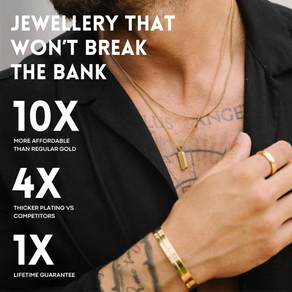 A high-contrast 1:1 image featuring a model wearing gold jewelry with bold text overlays highlighting price affordability and durability compared to competitors.