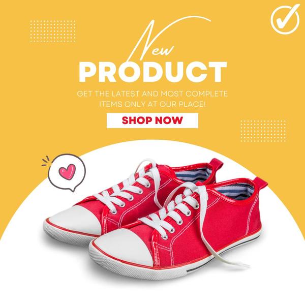A high-visibility, 1:1 format ad creative showcasing a new product launch for red canvas sneakers using a minimalist design.