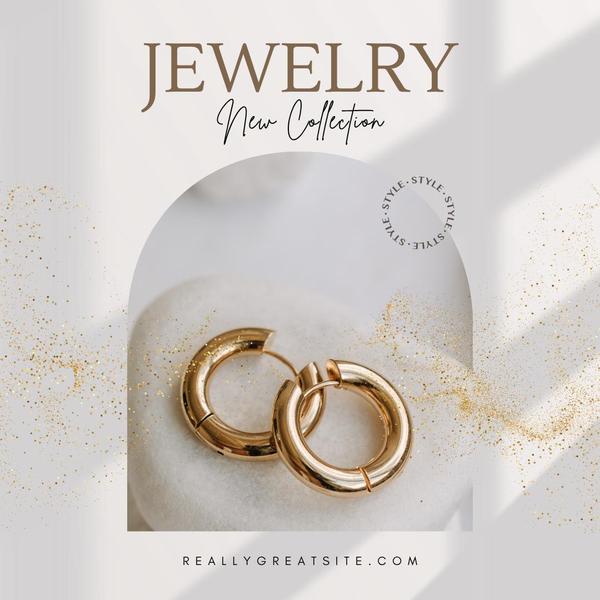 A refined product advertisement showcasing gold hoop earrings resting on a white stone base, framed by an elegant arch and golden glitter particles.