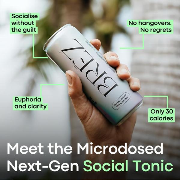 A high-contrast, hand-held product shot of a social tonic can, featuring informative text labels that highlight its key health and lifestyle benefits.