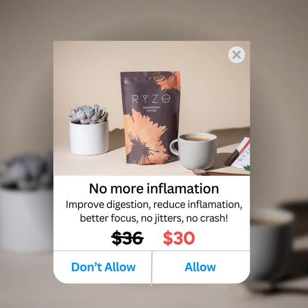 A clean, minimalist popup-style ad featuring a bag of mushroom coffee, a mug, and a succulent, focusing on clear health benefits and a discount offer.