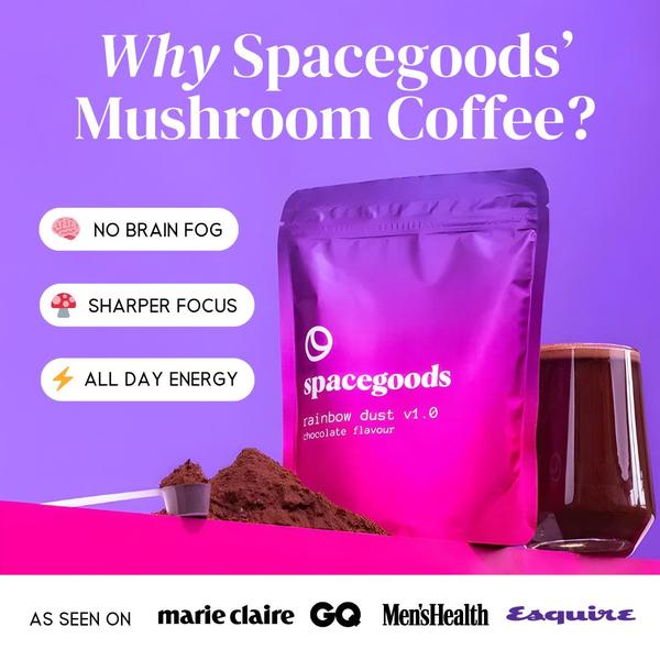 A clean, color-blocked static ad showcasing the brand's mushroom coffee product next to its core benefits of energy, focus, and reduced brain fog.