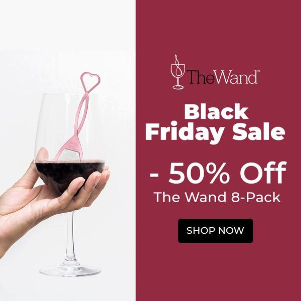 A clean, high-contrast promotional graphic featuring a wine purifier tool in a wine glass with a clear Black Friday discount message.