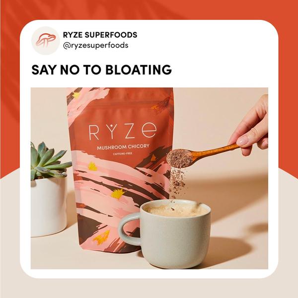 A clean, minimalist product shot showing mushroom chicory powder being spooned into a prepared drink, emphasizing a health benefit.