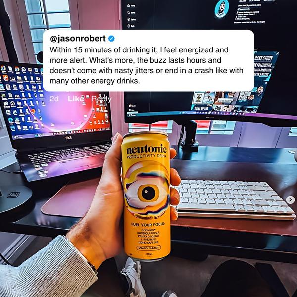 A high-contrast photo of a person holding a productivity drink at a desk, overlaid with a social media-style review that highlights immediate benefits without side effects.