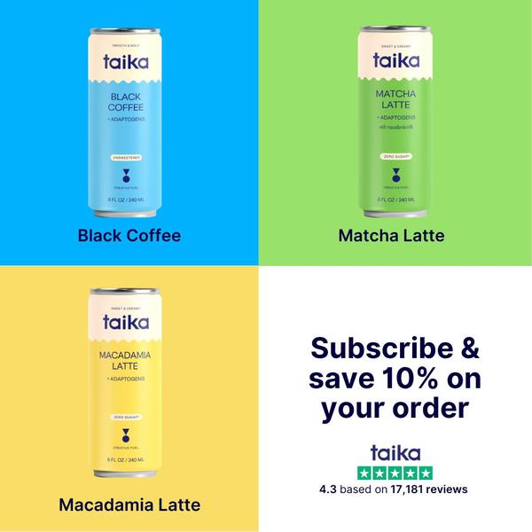 A high-visibility grid layout showcasing three distinct drink flavors with bold brand colors and a clear subscription incentive.