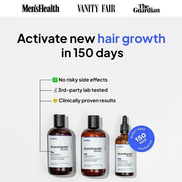 A clean, minimalist 1:1 creative showing hair care products accompanied by social proof from major publications and clear benefit callouts.