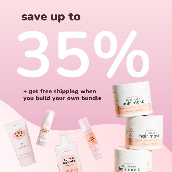 A square ad creative featuring a clean product arrangement on a soft pink background, highlighting a 35% discount for custom bundles.