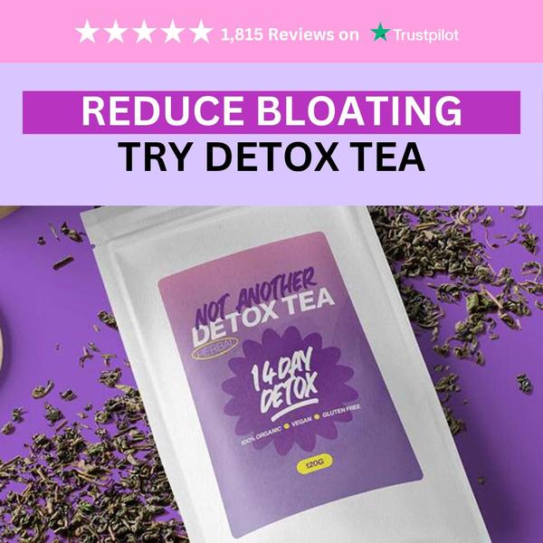 A square-format static ad highlighting a 14-day detox tea product with prominent Trustpilot reviews and a benefit-driven headline.